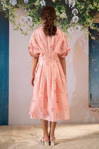 Shop_Arcvsh By Pallavi Singh_Pink Silk, Chanderi Round Neck Floral Print Box Pleat Dress _at_Aza_Fashions