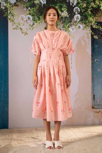 Arcvsh By Pallavi Singh_Pink Silk, Chanderi Round Neck Floral Print Box Pleat Dress _Online_at_Aza_Fashions