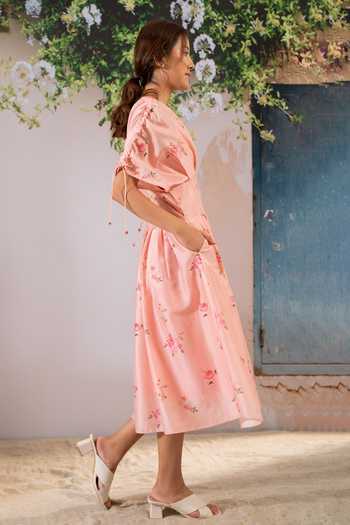 Buy_Arcvsh By Pallavi Singh_Pink Silk, Chanderi Round Neck Floral Print Box Pleat Dress _Online_at_Aza_Fashions