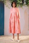 Buy Arcvsh By Pallavi Singh Pink Cotton, Chanderi, Organza Embroidery Round Neck, Gathered Dress With Jacket Online at Aza Fashions Buy_Arcvsh By Pallavi Singh_Pink Cotton, Chanderi, Organza Embroidery Round Neck, Gathered Dress With Jacket _Online_at_Aza_Fashions