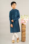 Buy_Little Brats_Blue Roman Silk Embroidered Stripe Placed Pattern Placket Kurta With Churidar _at_Aza_Fashions