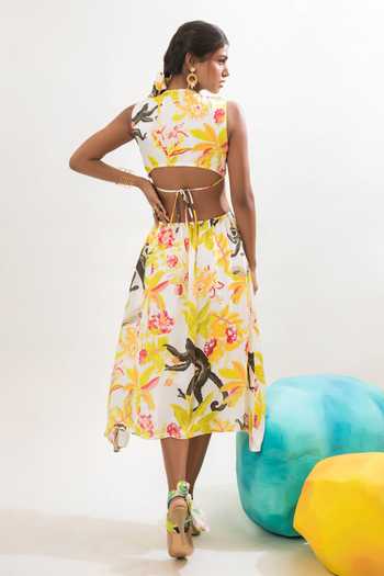 Shop_That Thing You Love_Multi Color Satin V-neck Floral Print Asymmetric Dress _at_Aza_Fashions