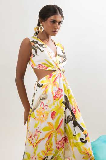 That Thing You Love_Multi Color Satin V-neck Floral Print Asymmetric Dress _Online_at_Aza_Fashions