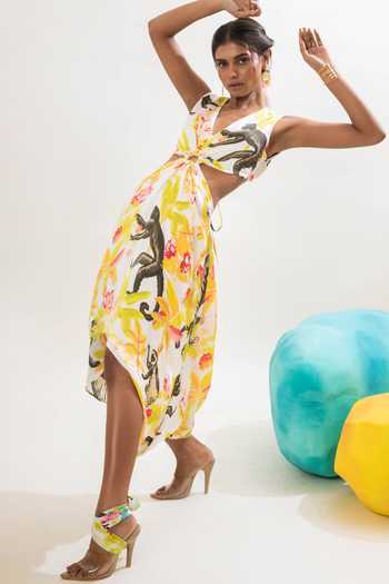 Buy_That Thing You Love_Multi Color Satin V-neck Floral Print Asymmetric Dress _Online_at_Aza_Fashions