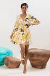 Buy_That Thing You Love_Multi Color Satin Printed Floral V Neck Short Dress  _at_Aza_Fashions