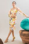 Shop_That Thing You Love_Multi Color Satin, Organza, Cotton Botanic Pattern Dress With Sheer Trench Coat _Online_at_Aza_Fashions