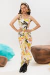 Buy_That Thing You Love_Multi Color Satin Monkey And Floral Botanic Patterns Corset & Draped Skirt Set _at_Aza_Fashions