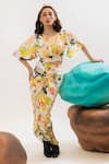 That Thing You Love_Multi Color Satin Monkey And Floral Botanic Patterns Round Draped Top _Online_at_Aza_Fashions