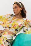 Shop_That Thing You Love_Multi Color Satin Monkey And Floral Botanic Patterns Round Draped Top _Online_at_Aza_Fashions