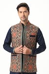 Shop_Taroob_Blue Silk Embroidery Kashmiri Sozni Nehru Jacket  _Online_at_Aza_Fashions