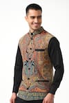 Taroob_Black Silk Embroidery Sozni Kashmiri Nehru Jacket  _at_Aza_Fashions