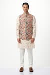 Taroob_White 100% Silk Print Kalamkari Paisley Swirl Nehru Jacket  _Online_at_Aza_Fashions