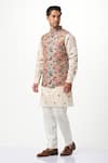 Shop_Taroob_White 100% Silk Print Kalamkari Paisley Swirl Nehru Jacket  _Online_at_Aza_Fashions