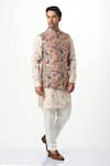 Taroob_White 100% Silk Print Kalamkari Paisley Swirl Nehru Jacket  _at_Aza_Fashions