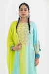 Pooja Rajgarhia Gupta_Blue Crepe Embroidered Leaf Patters Boat Mogra Ombre Kurta Set _Online_at_Aza_Fashions