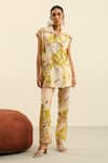 Label Deepika Nagpal_Beige Handloom Linen Printed Abstract Floral Diana Blazer And Trouser Set _Online_at_Aza_Fashions