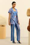 Label Deepika Nagpal_Blue Handloom Linen Printed Botanical And Stripe Sydney Trouser Set _Online_at_Aza_Fashions