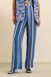 Shop_Label Deepika Nagpal_Blue Handloom Linen Printed Botanical And Stripe Sydney Trouser Set _Online_at_Aza_Fashions