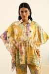 Label Deepika Nagpal_Yellow Mulberry Silk Printed Vintage Floral Julia Kimono Top _at_Aza_Fashions