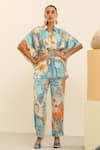 Buy_Label Deepika Nagpal_Blue Mulberry Silk Printed Vintage Julia Kimono Top And Trouser Set _at_Aza_Fashions