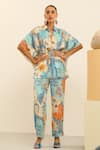 Buy_Label Deepika Nagpal_Blue Mulberry Silk Printed Vintage Floral Julia Kimono Top And Trouser Set _at_Aza_Fashions