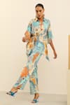 Buy_Label Deepika Nagpal_Blue Mulberry Silk Printed Vintage Julia Kimono Top And Trouser Set _Online_at_Aza_Fashions