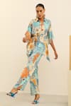 Buy_Label Deepika Nagpal_Blue Mulberry Silk Printed Vintage Floral Julia Kimono Top And Trouser Set _Online_at_Aza_Fashions