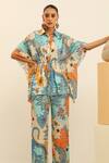 Shop_Label Deepika Nagpal_Blue Mulberry Silk Printed Vintage Julia Kimono Top And Trouser Set _Online_at_Aza_Fashions