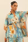 Label Deepika Nagpal_Blue Mulberry Silk Printed Vintage Julia Kimono Top And Trouser Set _at_Aza_Fashions