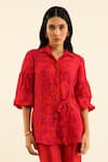 Buy_Label Deepika Nagpal_Orange Handloom Linen Printed Floral Spread Collar Blair Shirt _at_Aza_Fashions