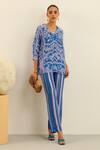Buy_Label Deepika Nagpal_Blue Handloom Linen Printed Floral Lapel Collar Grace Shirt _at_Aza_Fashions