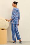 Shop_Label Deepika Nagpal_Blue Handloom Linen Printed Floral Lapel Collar Grace Shirt _at_Aza_Fashions