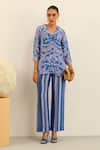 Label Deepika Nagpal_Blue Handloom Linen Printed Floral Lapel Collar Grace Shirt _Online_at_Aza_Fashions