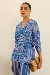 Shop_Label Deepika Nagpal_Blue Handloom Linen Printed Floral Lapel Collar Grace Shirt _Online_at_Aza_Fashions