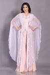 Buy_Preeti Jhawar_Purple Chiffon, Georgette Beads, Cut Work V-neck Embellished Cape Sharara Set _at_Aza_Fashions