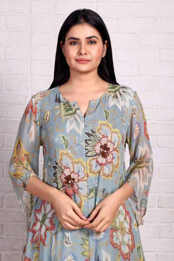Preeti Jhawar_Blue Chiffon Embroidery, Sequins, Beads Split Floral Print Kurta And Palazzo Set _Online_at_Aza_Fashions