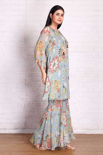 Shop_Preeti Jhawar_Blue Chiffon Embroidery, Sequins, Beads Split Floral Print Kurta And Palazzo Set _at_Aza_Fashions