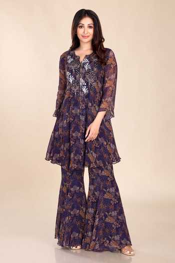 Buy_Preeti Jhawar_Blue Chiffon Embroidery, Zari Split V-neck Botanical Print Kurta And Palazzo Set _at_Aza_Fashions
