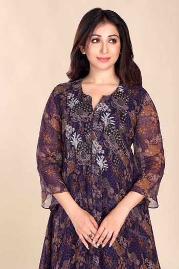 Preeti Jhawar_Blue Chiffon Embroidery, Zari Split V-neck Botanical Print Kurta And Palazzo Set _Online_at_Aza_Fashions