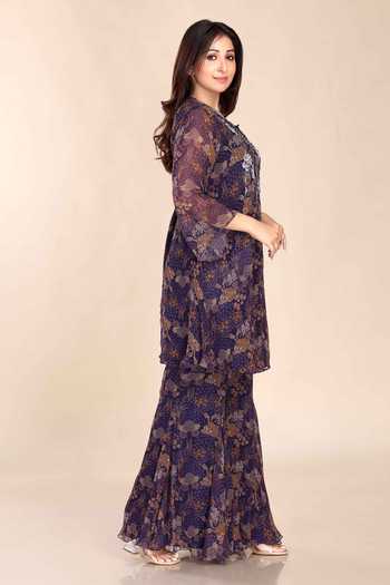 Buy_Preeti Jhawar_Blue Chiffon Embroidery, Zari Split V-neck Botanical Print Kurta And Palazzo Set _Online_at_Aza_Fashions