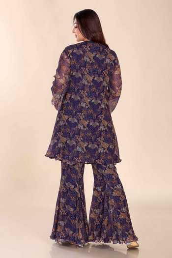 Shop_Preeti Jhawar_Blue Chiffon Embroidery, Zari Split V-neck Botanical Print Kurta And Palazzo Set _at_Aza_Fashions