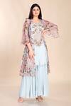 Buy_Preeti Jhawar_Blue Chiffon, Georgette Zari, Embroidery Open Neck, Printed Jacket Sharara Set _Online_at_Aza_Fashions