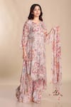 Buy_Preeti Jhawar_Cream Chiffon Embroidered Thread Round Floral Print Kurta Palazzo Set _Online_at_Aza_Fashions