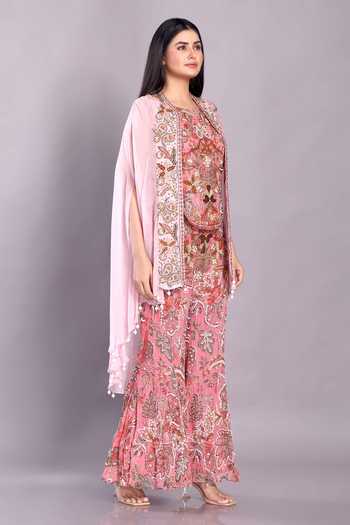 Buy_Preeti Jhawar_Pink Chiffon Beads, Zari, Embroidery Round Neck Organza Cape And Palazzo Set _Online_at_Aza_Fashions
