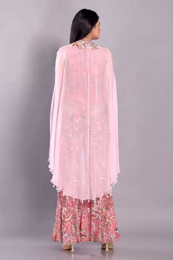 Shop_Preeti Jhawar_Pink Chiffon Beads, Zari, Embroidery Round Neck Organza Cape And Palazzo Set _at_Aza_Fashions