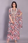 Buy_Preeti Jhawar_Pink Chiffon Embroidery, Mirrors Round Neck Bird Print Cape And Sharara Set _at_Aza_Fashions