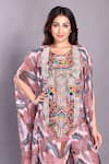 Preeti Jhawar_Pink Chiffon Embroidery, Mirrors Round Neck Bird Print Cape And Sharara Set _Online_at_Aza_Fashions