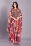 Buy_Preeti Jhawar_Multi Color Chiffon Sequins, Embroidery Bird Print High Low Cape And Sharara Set_at_Aza_Fashions