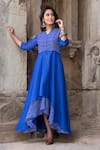 The Home Affair Blue Kota Doria Embroidery Mandarin Collar Leheriya Striped Asymmetric Dress Online at Aza Fashions The Home Affair_Blue Kota Doria Embroidery Mandarin Collar Leheriya Striped Asymmetric Dress _Online_at_Aza_Fashions