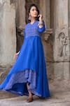 Buy The Home Affair Blue Kota Doria Embroidery Mandarin Collar Leheriya Striped Asymmetric Dress Online at Aza Fashions Buy_The Home Affair_Blue Kota Doria Embroidery Mandarin Collar Leheriya Striped Asymmetric Dress _Online_at_Aza_Fashions
